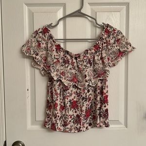 American Eagle Cream Red Floral Print Off Shoulder Top Lace Trim Viscose Small